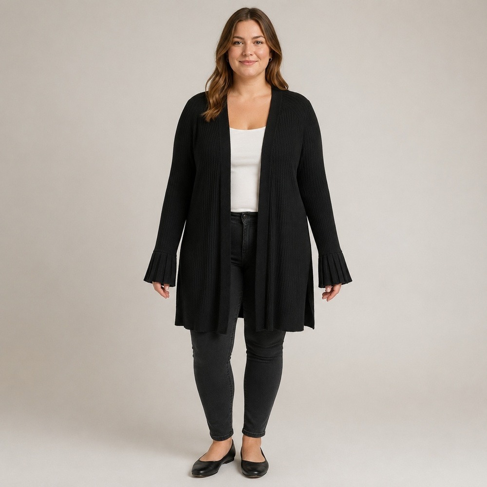 Ponthielle Women's L Black Ribbed Duster Cardigan Pleated Bell Cuffs